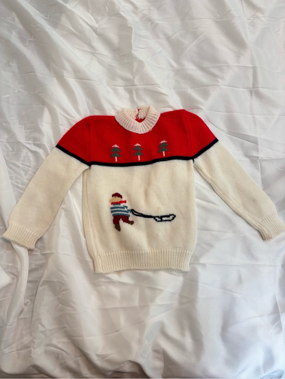 Vintage Red and Cream Kids Ski Pullover Sweater holiday boy sleigh riding 2t 3t